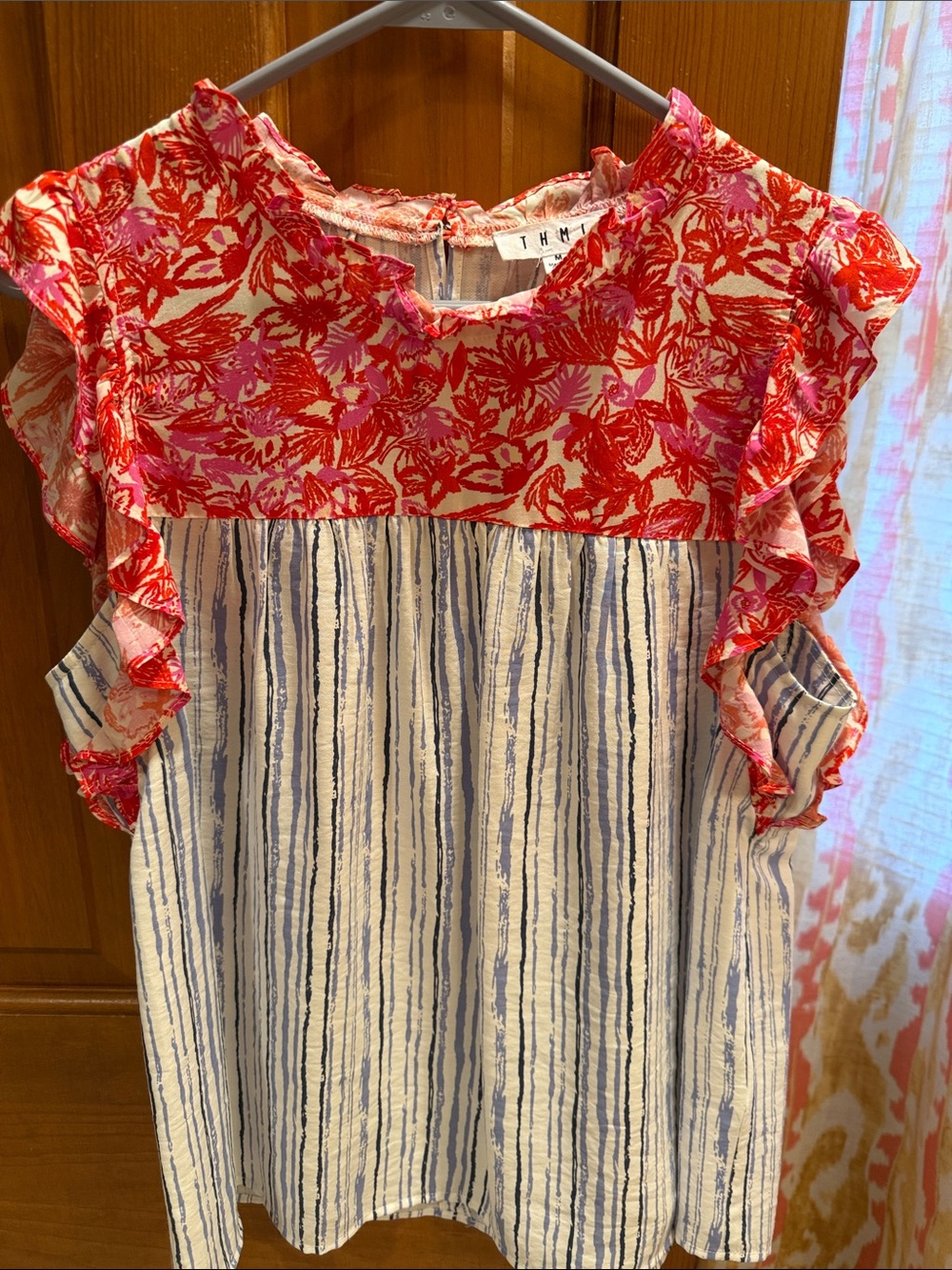 THML Pink and Red Floral Yoke Striped Sleeveless Blouse